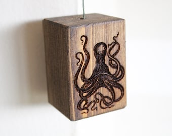 Wooden Octopus Light Pull nautical sea creature tentacles nature Rustic Wood shower Pyrography Burned Chunky Bathroom Vintage gift home