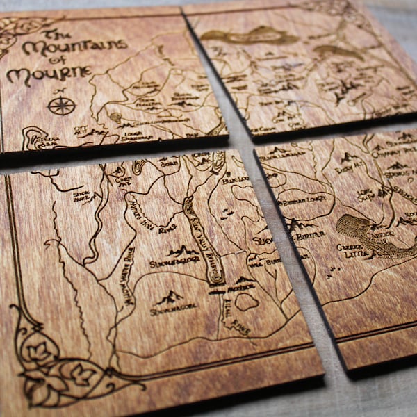 Fantasy Mourne Mountains wooden Coasters northern Ireland down Wood Burning Pyrography Rustic house Gift Handmade Home Decor handdrawn