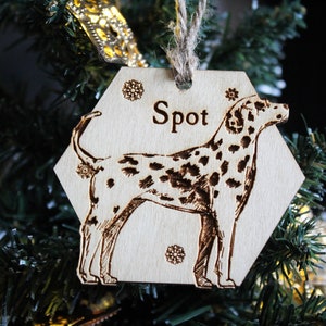 Dalmatian Personalised wooden bauble ornament dog name breed gift quirky rustic laser wood burned ornate dog lover pet decoration image 2