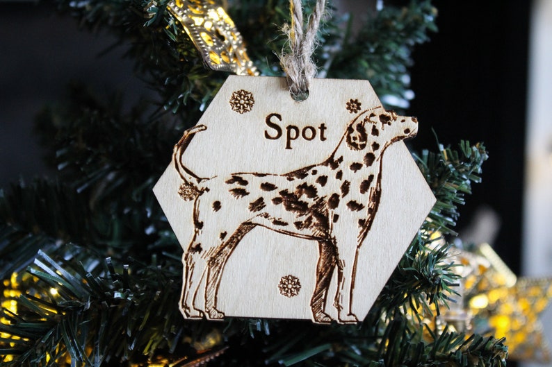 Dalmatian Personalised wooden bauble ornament dog name breed gift quirky rustic laser wood burned ornate dog lover pet decoration image 2