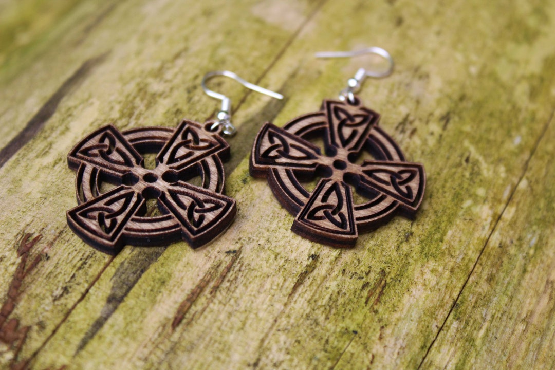 Wooden Celtic Earrings Wood Jewellery Cross Ladies Irish Gift Burning ...