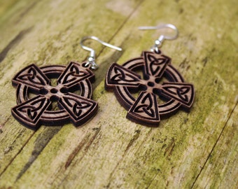 Wooden Celtic earrings Wood jewellery cross ladies irish gift Burning Pyrography Handmade geometric ireland rustic laser carved silver gold