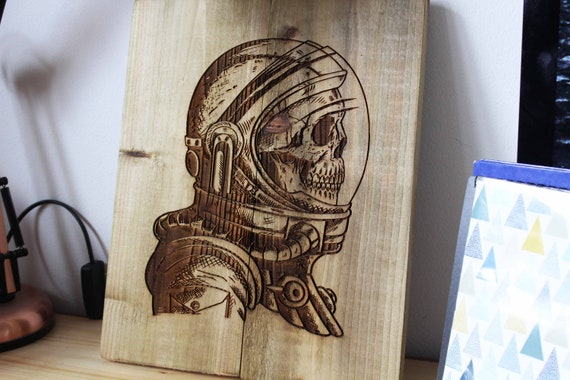 Skull Astronaut Wooden Art Rustic Handmade Wood Burning Unique