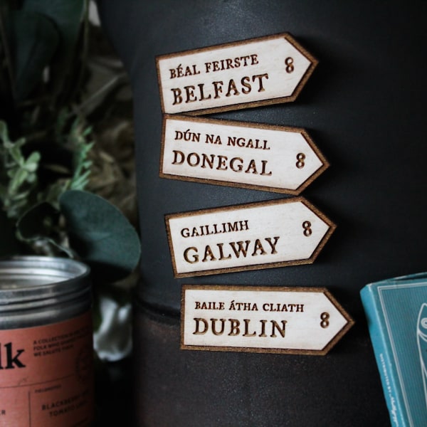 Irish road sign wooden fridge magnets gift location road sign gaelic engraved personalised Handmade northern ireland gift town county