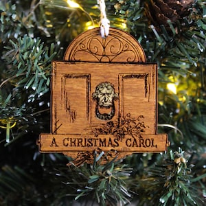 A Christmas Carol Charles Dickens Wooden Ornament Bauble Book Vintage Classic Rustic Stocking Laser Scrooge Jacob Marley Door Knocker