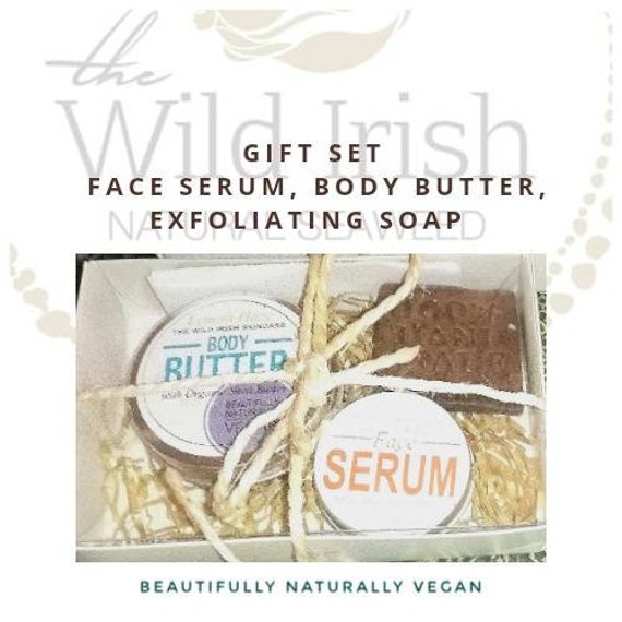 Vegan Gift Set. Anti aging Solid High Performance Face Serum, Natural Body Butter & Body Polish Soap.