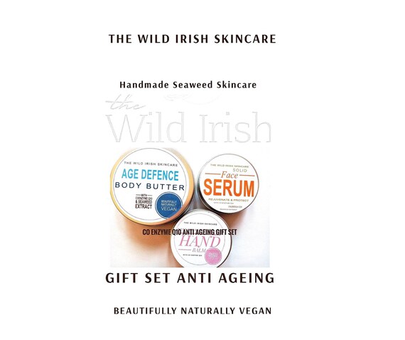 Vegan Anti aging Face Serum, Body Butter & Glycerine Seaweed Soap. Gift Set. With Co enzyme q10.