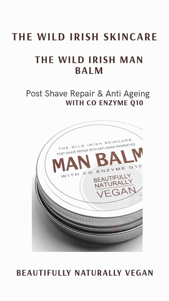 Post Shave Wild Irish MAN BALM. Vegan. Anti Ageing Co Enzyme Q10 & soothing Calendula. 100% Natural Ingredients.