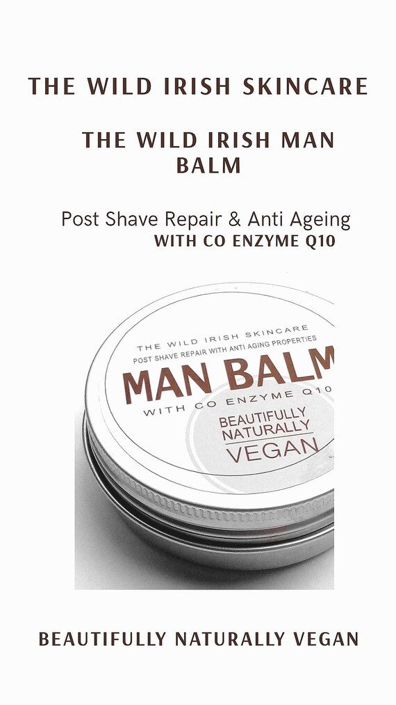 Post Shave Wild Irish MAN BALM. Vegan. With Anti Ageing Co Enzyme Q10 & soothing Calendula. 100% Natural Ingredients.
