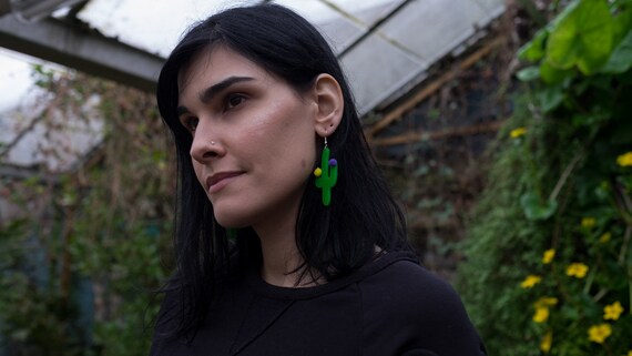 Orecchini A Forma Di Cactus Per Donna – Metallo Verde E Oro, Leggeri E Alla Moda - 5