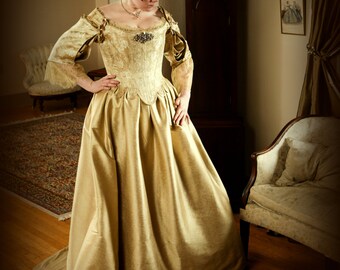 Download Free Plus Size Bridal Corset Gown, Short Train Wedding Skirt Gold Brocade Silk Stays Curvy,Full Figured Coverage Sleeves,free fitting with mockup PSD Template
