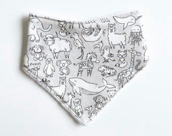 Organic cotton knit drool bib - all sorts of animals ABC on gray - with soft minky backing