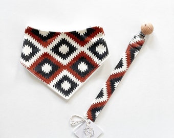 Organic cotton knit drool bib - Aztec neutrals, inkwell & brandywine- with soft minky backing