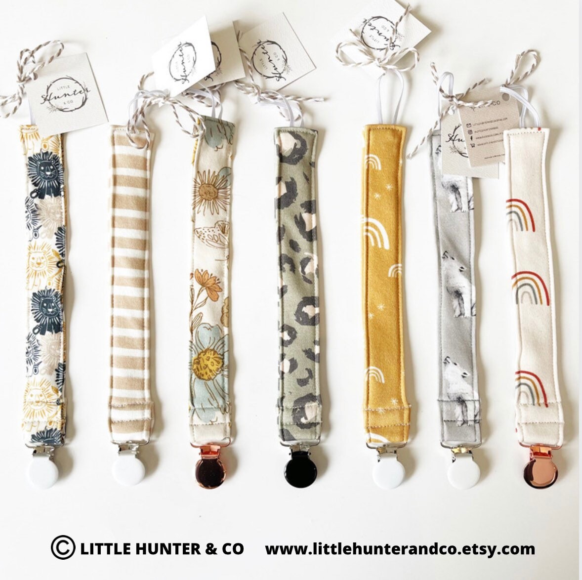 Organic cotton pacifier clips - gender neutral, lions, stripes, rainb…