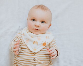 Organic cotton knit bib- Mr Golden Sun, mustard yellow rainbow - with soft minky backing