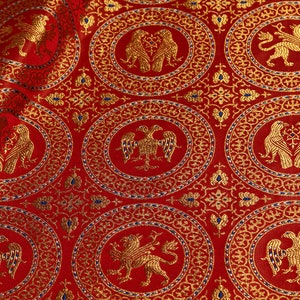 Historic jacquard metallic brocade fabric with Lions and Eagles. Made in Greece. IERO 74