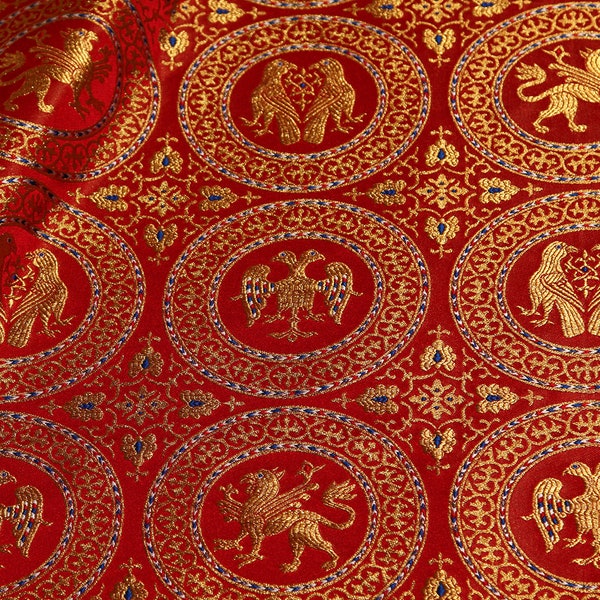 Tissu brocart jacquard métallique historique avec des lions et des aigles. Fabriqué en Grèce. IERO 74