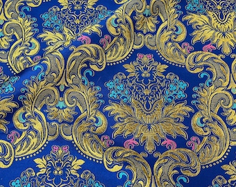 Metallic Floral Jacquard Brocade Fabric - Greek Pattern, Blue Gold, 1.5m