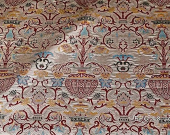 Vintage Floral Upholstery Fabric – Ornamental Damask Style Fabric for Curtains, Pillows & Home Décor with vases and flowers.
