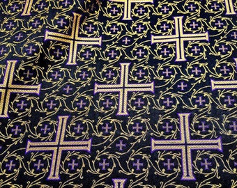 5 meters of Greek non-metallic liturgical vestment jacquard fabric with crosses black/gold/purple color, Made in Greece