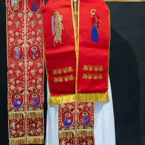 Red with gold embroidery and Evangelists icons Bishop Liturgical Stole