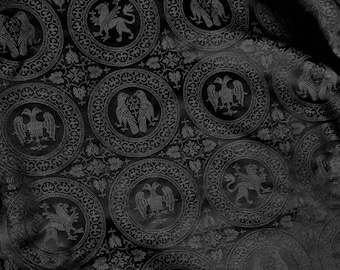 Schwarzer Brokat-Jacquard-Stoff, Löwe-Adler-Design aus dem 14.Jh., 160 cm Breite (Meterware).