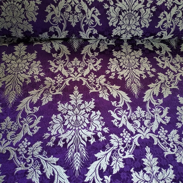 Jacquard Metallic Brocade Fabric Purple-Silver colour