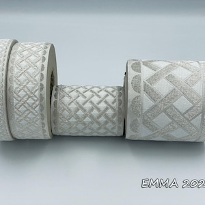 Religious Silver White Jacquard Semi Metallic trim 2,5-4-8,5 and 10cm wide.