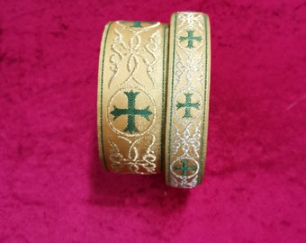 Religious Gold Green cross pattern Jacquard Semi Metallic trim 2,5 and 4 cm wide