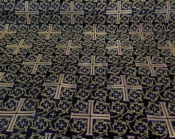 Griekse liturgische jacquardstof: zwarte, gouden, paarse kruisen - 5 meter