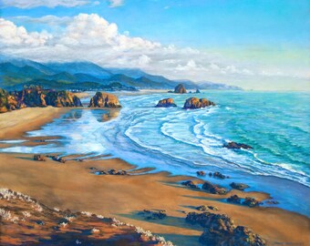 May include: A painting of a seascape with a sandy beach, rocky outcroppings, and blue water. The sky is a light blue with white clouds. The painting is done in a realistic style.