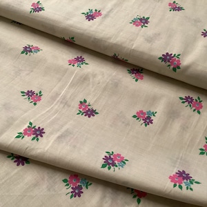 Vintage Fabric - Floral Fabric - Pink & Purple Flowers - Lemon Background - NOS - 1960's  #50016
