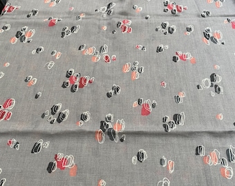 Vintage Fabric Remnant - Grey with Red & Black Print - Poly/Cotton - NOS - 1980's  #50202