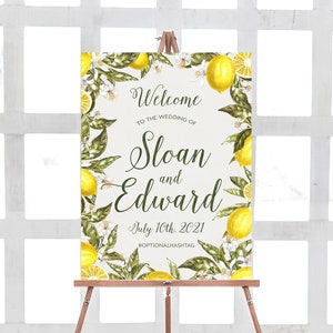 letrero de bienvenida de boda de limón botánico, decoración de boda de destino de verano, póster de entrada de recepción de cítricos amarillo imprimible