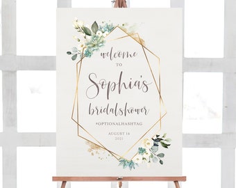 geometric succulent bridal shower welcome sign, boho southwest gold greenery custom bridal luncheon welcome poster, printable