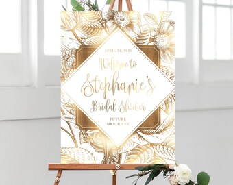 rose bridal shower welcome sign, gold botanical floral bridal luncheon welcome poster, printable welcome banner