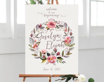 blush wreath wedding welcome sign, watercolor floral woodland greenery welcome poster, printable custom reception decor