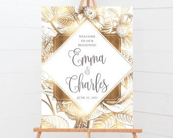 Gold Floral Wedding Welcome Sign, Classic Glam Personalized Wedding Poster, Large Printable Custom Sign, White and Gold Reception Decor