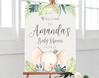 Elephant Baby Shower Welcome Sign, Jungle Safari Baby Shower Welcome Poster, Custom Large Sign, Personalized Printable Party Decor