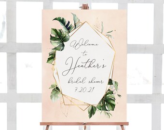 Geometric Tropical Bridal Shower Welcome Sign, Blush and Gold Tropulence Bridal Luncheon Decor, Large Custom Personalized Printable Poster