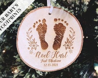 baby's first christmas wood slice ornament, personalized newborn footprint holiday ornament, family keepsake ornament