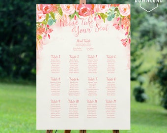 blush wedding seating chart sign, printable seating chart, seating plan, floral wedding seating plan, wedding printable, diy seating chart
