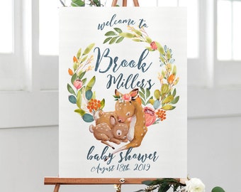 woodland deer baby shower welcome sign, custom floral baby sprinkle welcome poster, printable personalized floral banner, shower decor