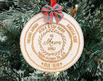 personalized family tree ornament, wood slice christmas ornament, custom stocking stuffer holiday keepsake gift, grandparents gifts