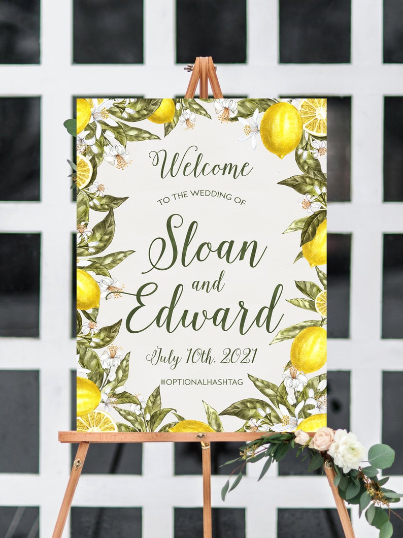 printable yellow citrus reception entrance poster summer destination wedding decor botanical lemon wedding welcome sign