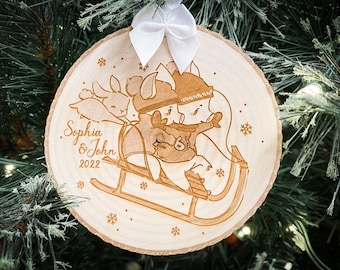 personalized couples ornament, custom wood slice pig christmas ornament, our first christmas just married, rustic keepsake stocking stuffer