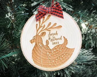 personalized wood slice deer ornament for couple, our first christmas custom rustic holiday keepsake ornament, just married