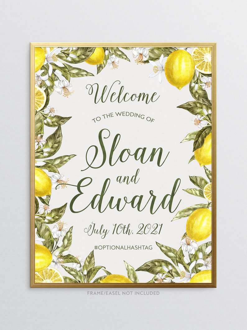 printable yellow citrus reception entrance poster summer destination wedding decor botanical lemon wedding welcome sign