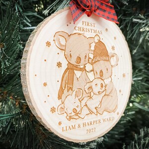 personalized twins christmas ornament, baby's first christmas wood slice holiday ornament, newborn koala family keepsake gift image 2