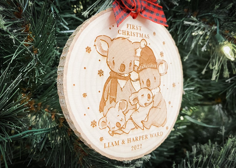 personalized twins christmas ornament, baby's first christmas wood slice holiday ornament, newborn koala family keepsake gift image 2